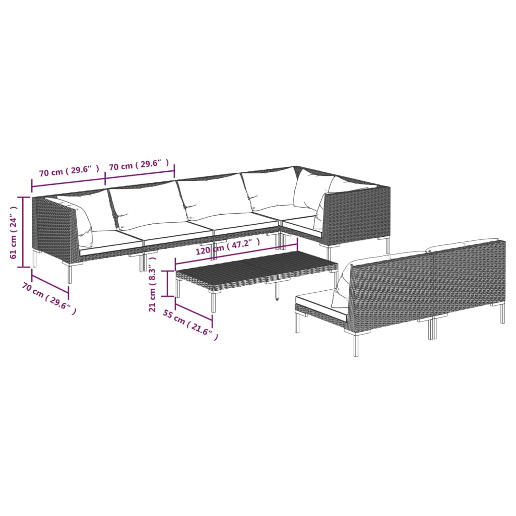 Salon de jardin 8 pcs avec coussins Résine tressée Gris foncé
