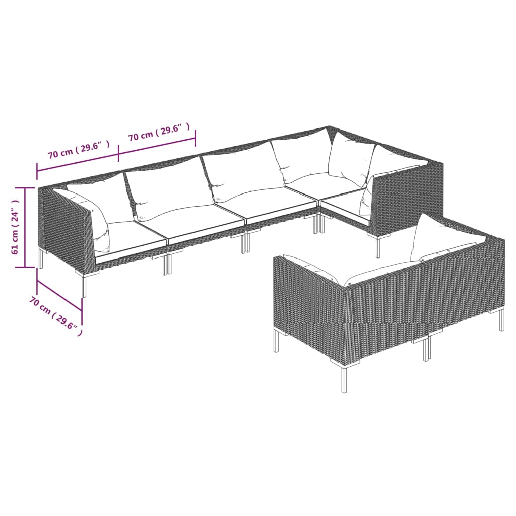 Salon de jardin 7 pcs avec coussins Résine tressée Gris foncé