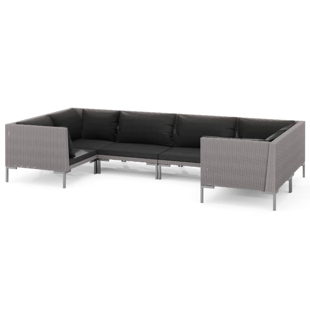 Salon de jardin 6 pcs avec coussins Résine tressée Gris foncé