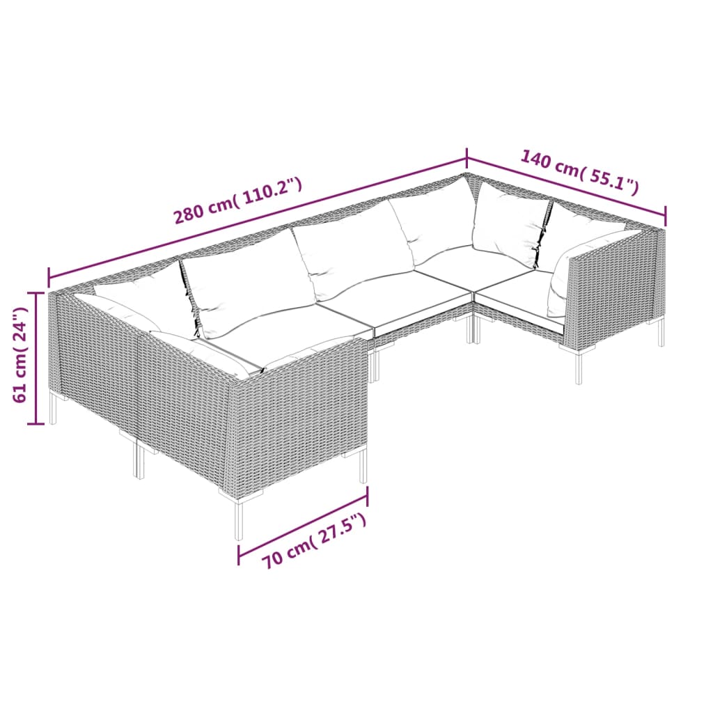Salon de jardin 6 pcs avec coussins Résine tressée Gris foncé