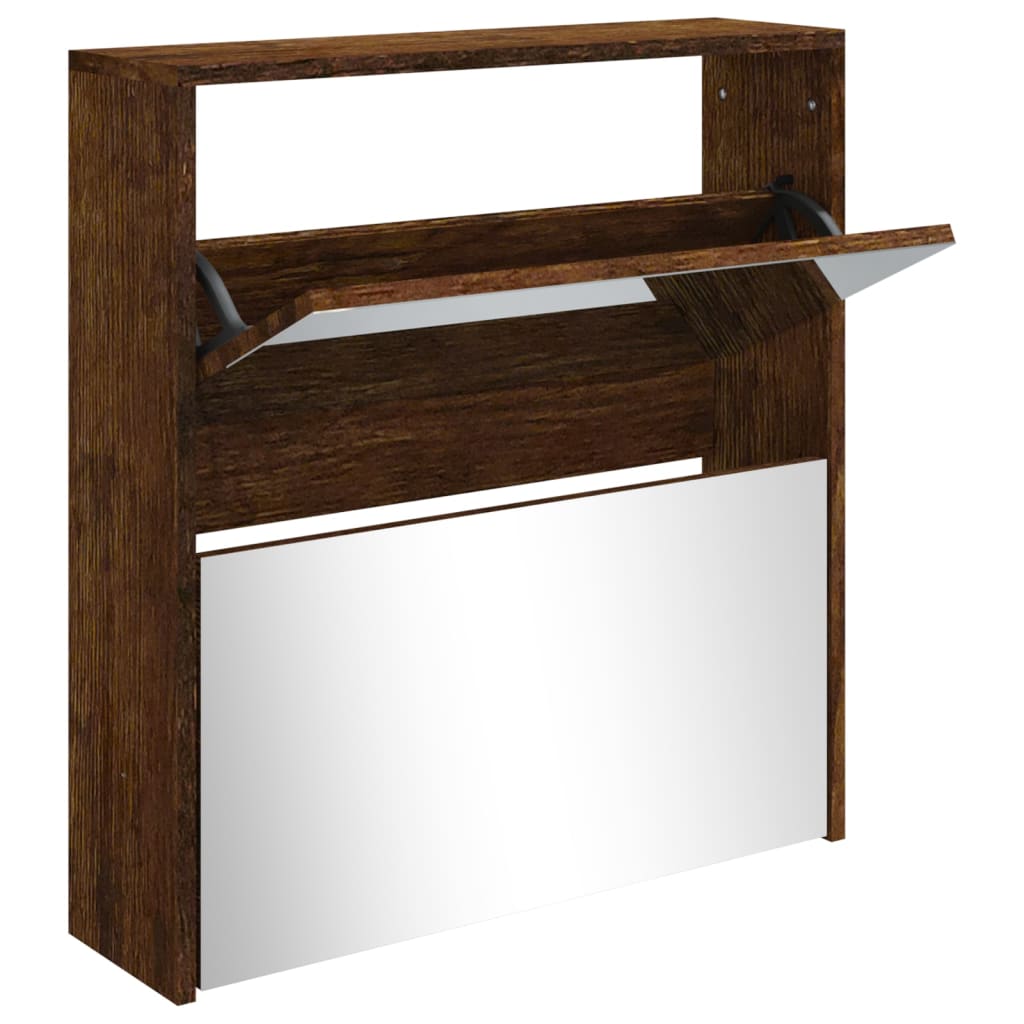 Armoire à chaussures miroir à 2 niveaux Chêne fumé 63x17x67 cm - XIOS