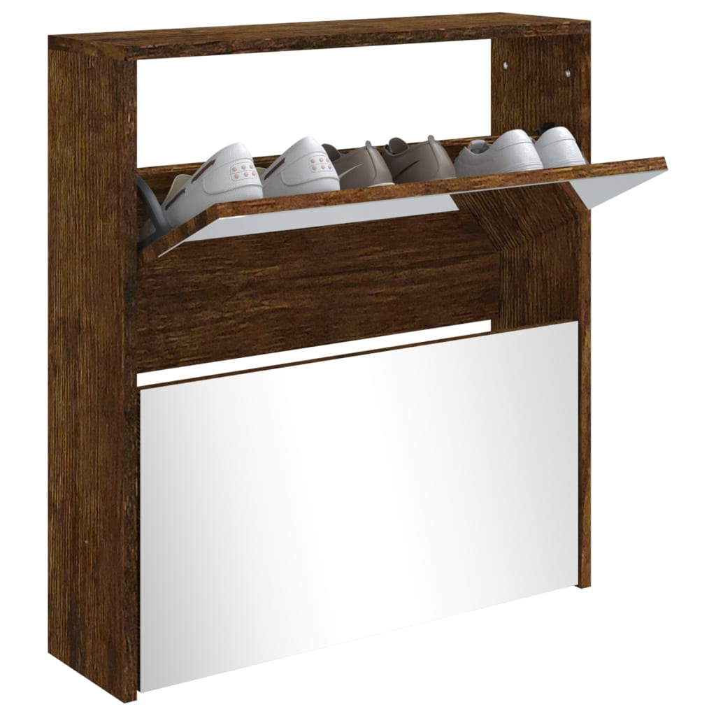 Armoire à chaussures miroir à 2 niveaux Chêne fumé 63x17x67 cm - XIOS