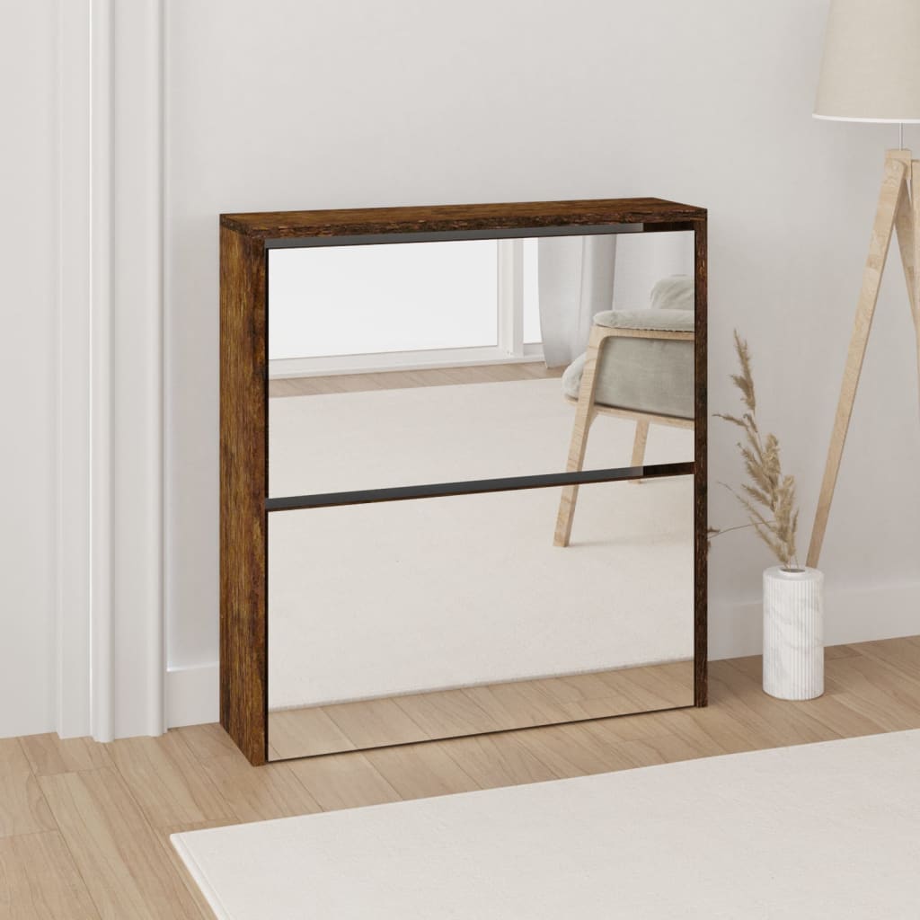 Armoire à chaussures miroir à 2 niveaux Chêne fumé 63x17x67 cm - XIOS