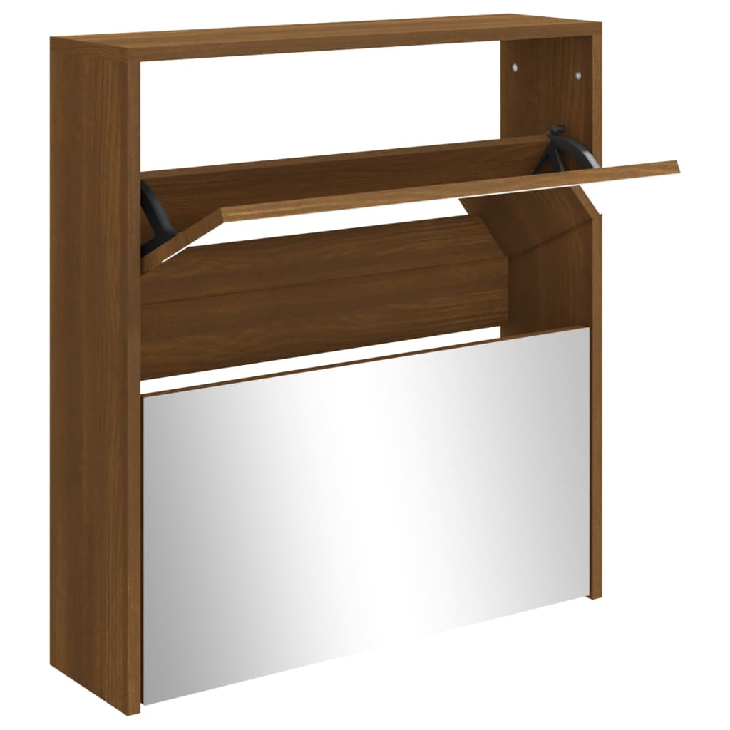 Armoire à chaussures miroir à 2 niveaux Chêne marron 63x17x67cm - XIOS