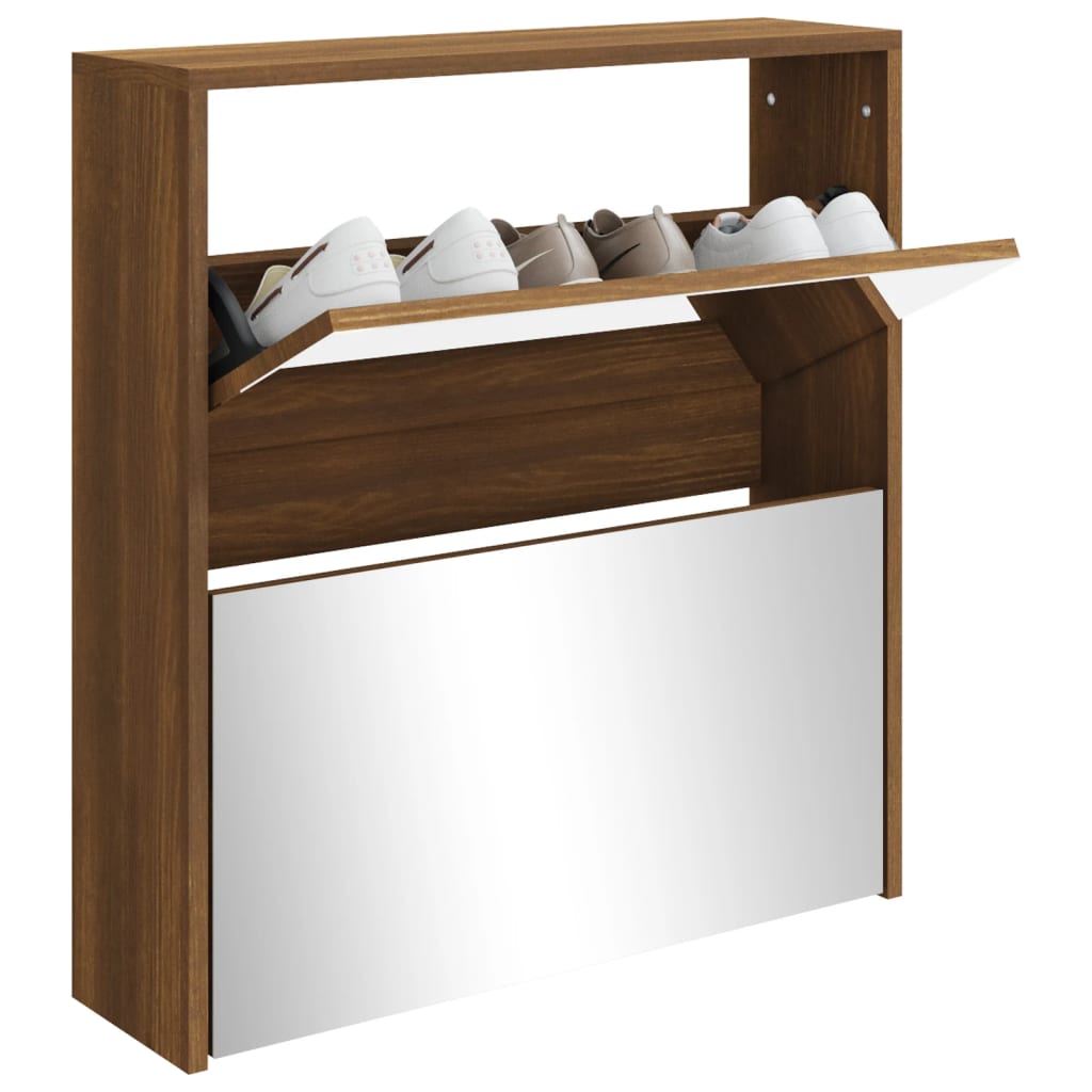 Armoire à chaussures miroir à 2 niveaux Chêne marron 63x17x67cm - XIOS