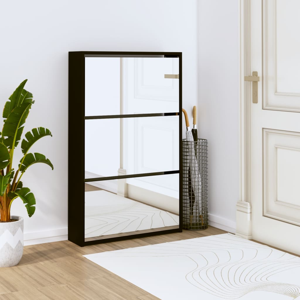 Armoire à chaussures avec miroir 3 niveaux Noir 63x17x102,5 cm - XIOS
