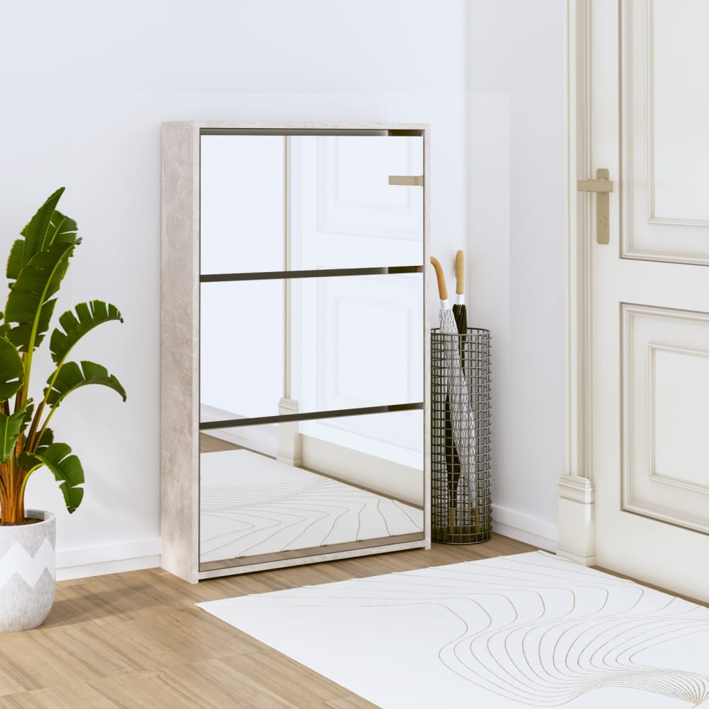 Armoire à chaussures miroir 3 niveaux Gris béton 63x17x102,5 cm - XIOS