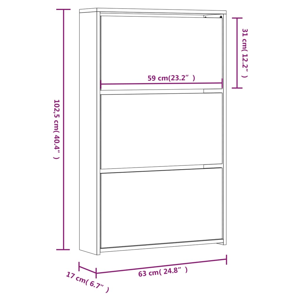 Armoire chaussures miroir 3niveaux Blanc brillant 63x17x102,5cm - XIOS