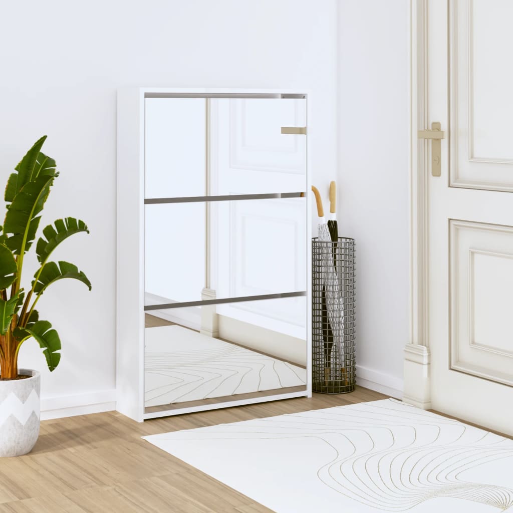 Armoire chaussures miroir 3niveaux Blanc brillant 63x17x102,5cm - XIOS