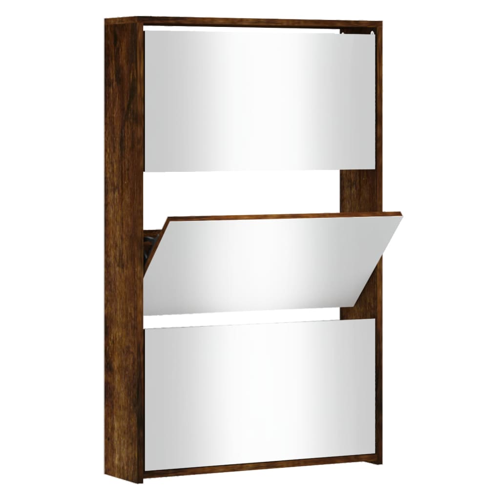 Armoire à chaussures miroir 3 niveaux Chêne fumé 63x17x102,5 cm - XIOS