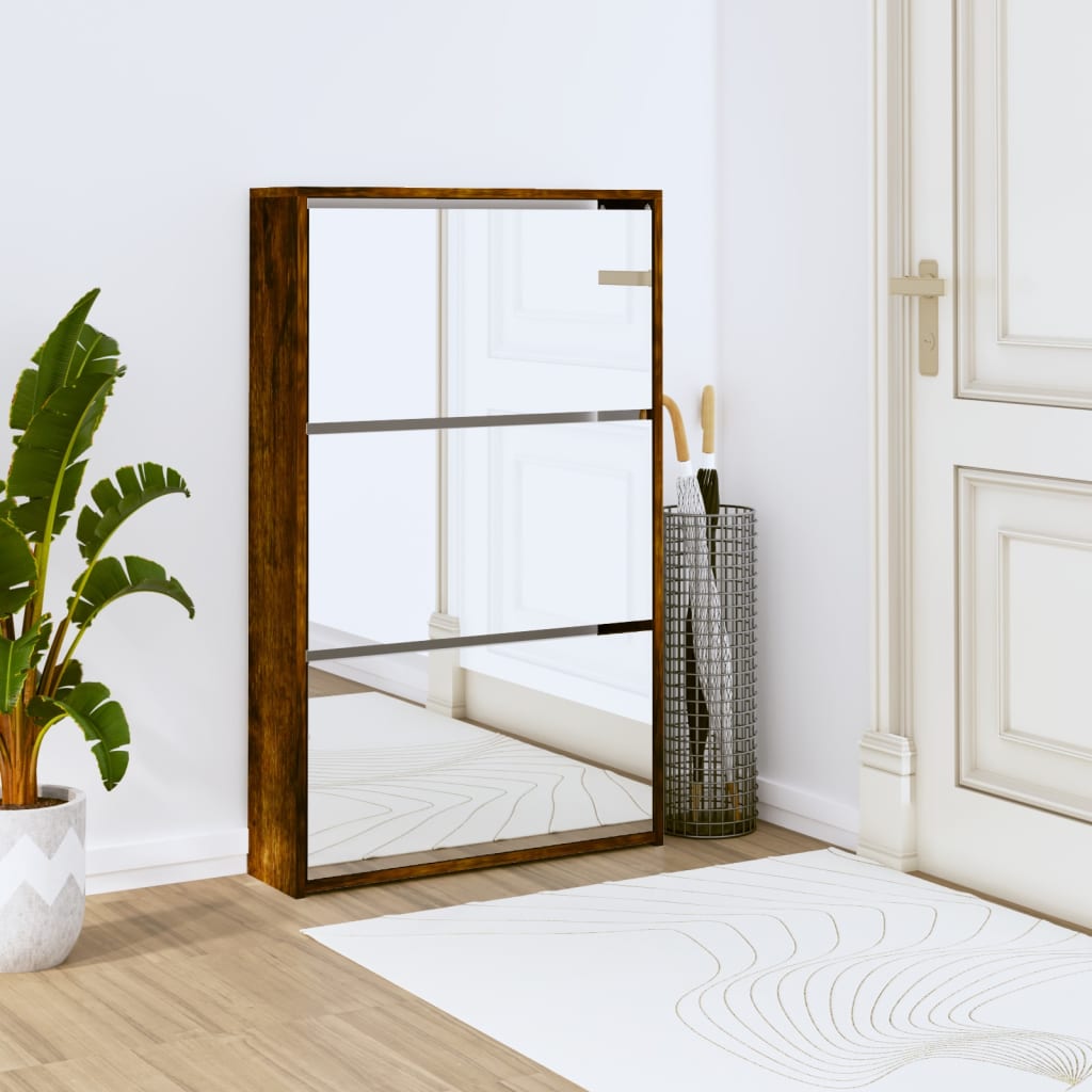 Armoire à chaussures miroir 3 niveaux Chêne fumé 63x17x102,5 cm - XIOS