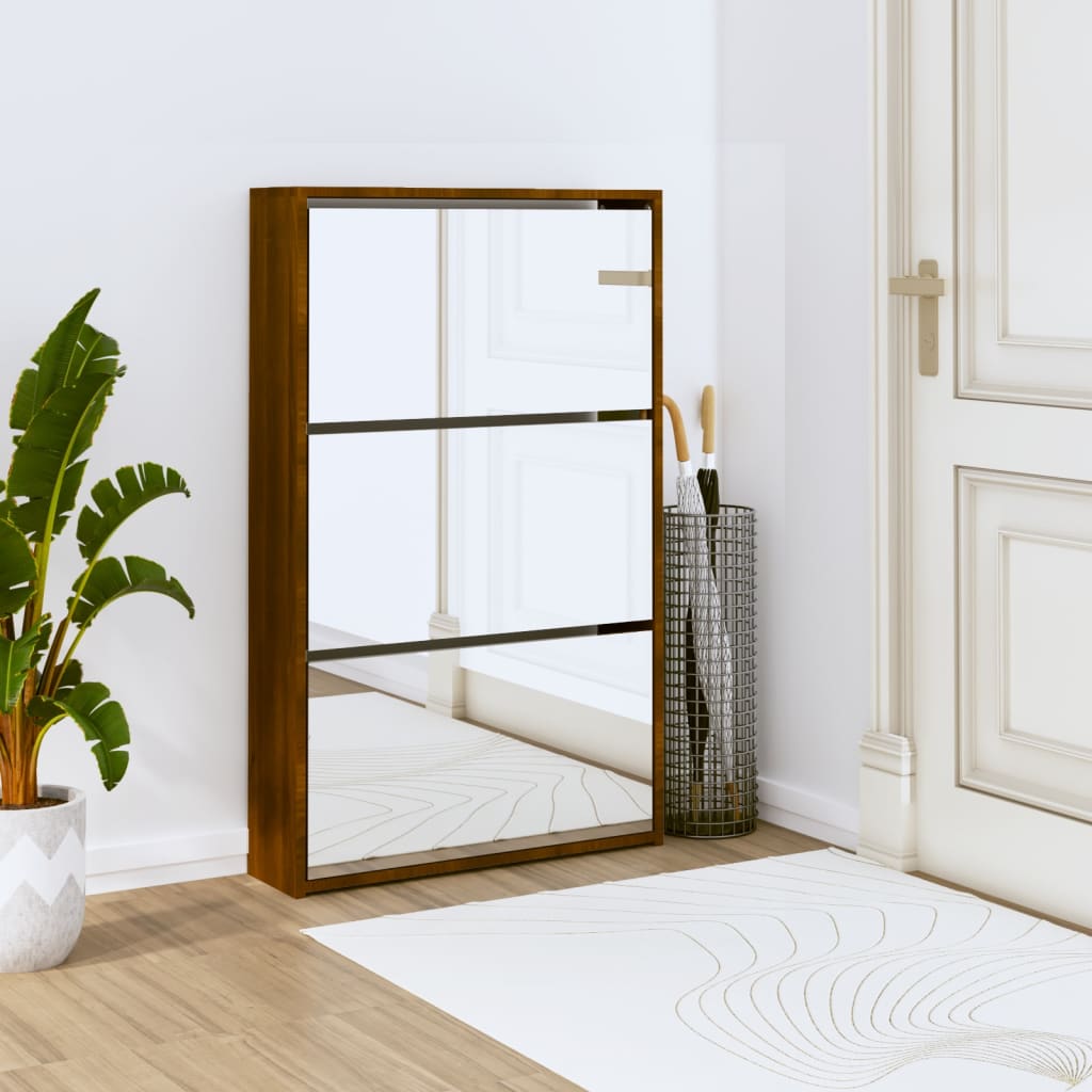 Armoire à chaussures miroir 3niveaux Chêne marron 63x17x102,5cm - XIOS