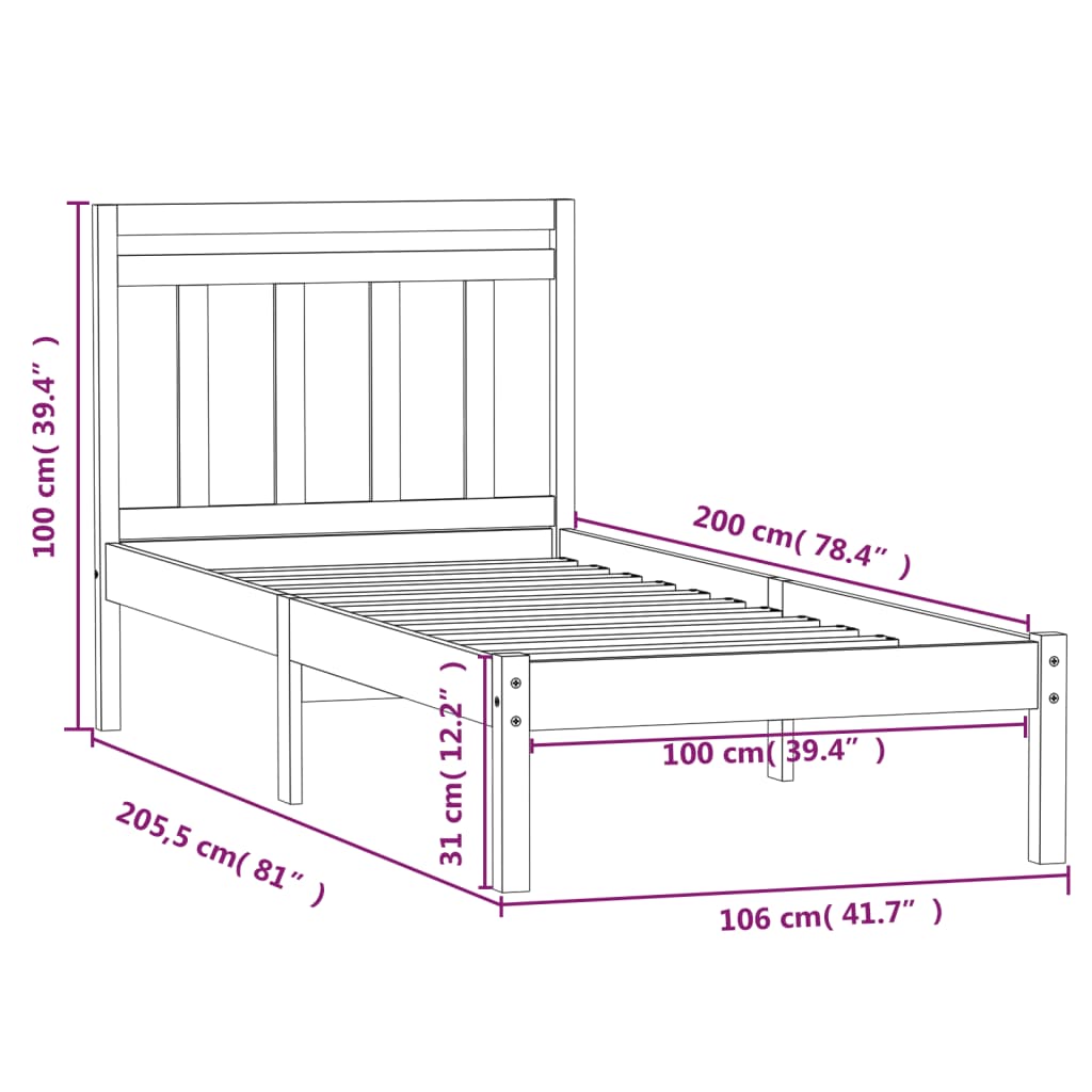 Cadre de lit sans matelas noir bois massif 100x200 cm - XIOS