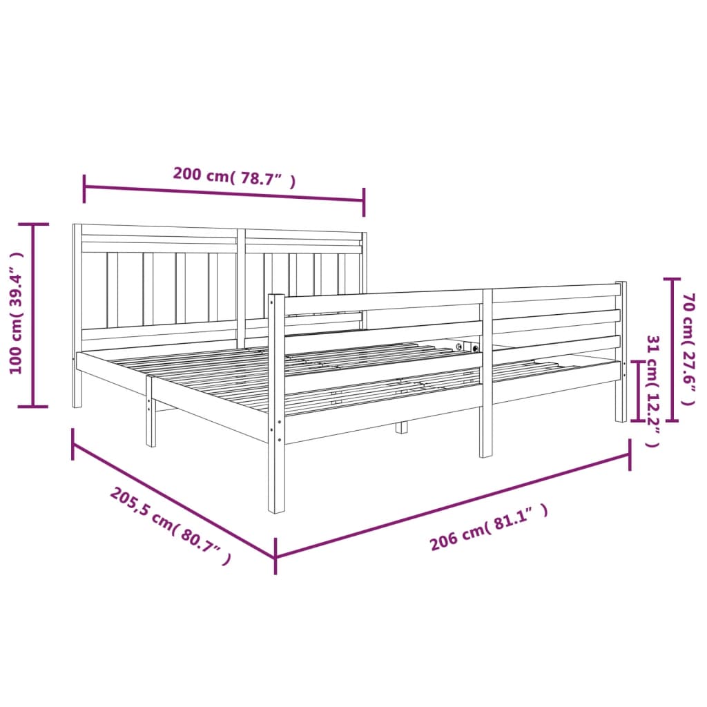 Cadre de lit sans matelas gris bois massif 200x200 cm - XIOS