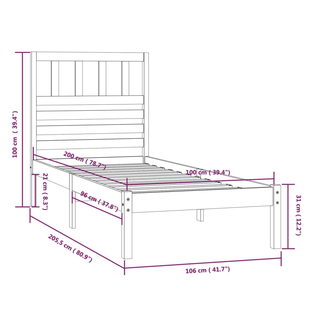Cadre de lit sans matelas noir bois massif de pin 100x200 cm - XIOS