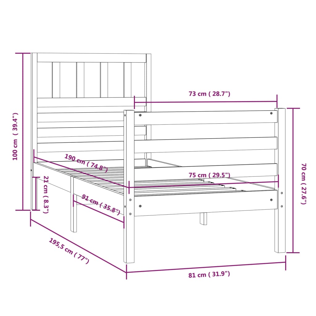 Cadre de lit sans matelas 75x190 cm bois massif - XIOS