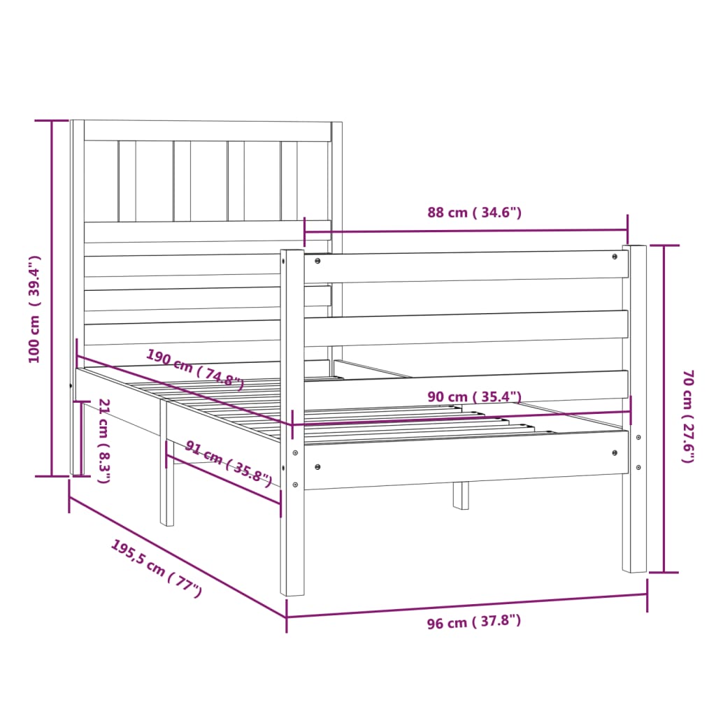 Cadre de lit sans matelas 90x190 cm bois massif - XIOS