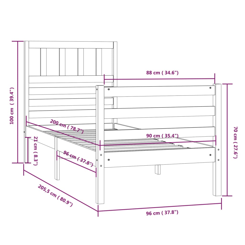 Cadre de lit sans matelas bois massif 90x200 cm - XIOS