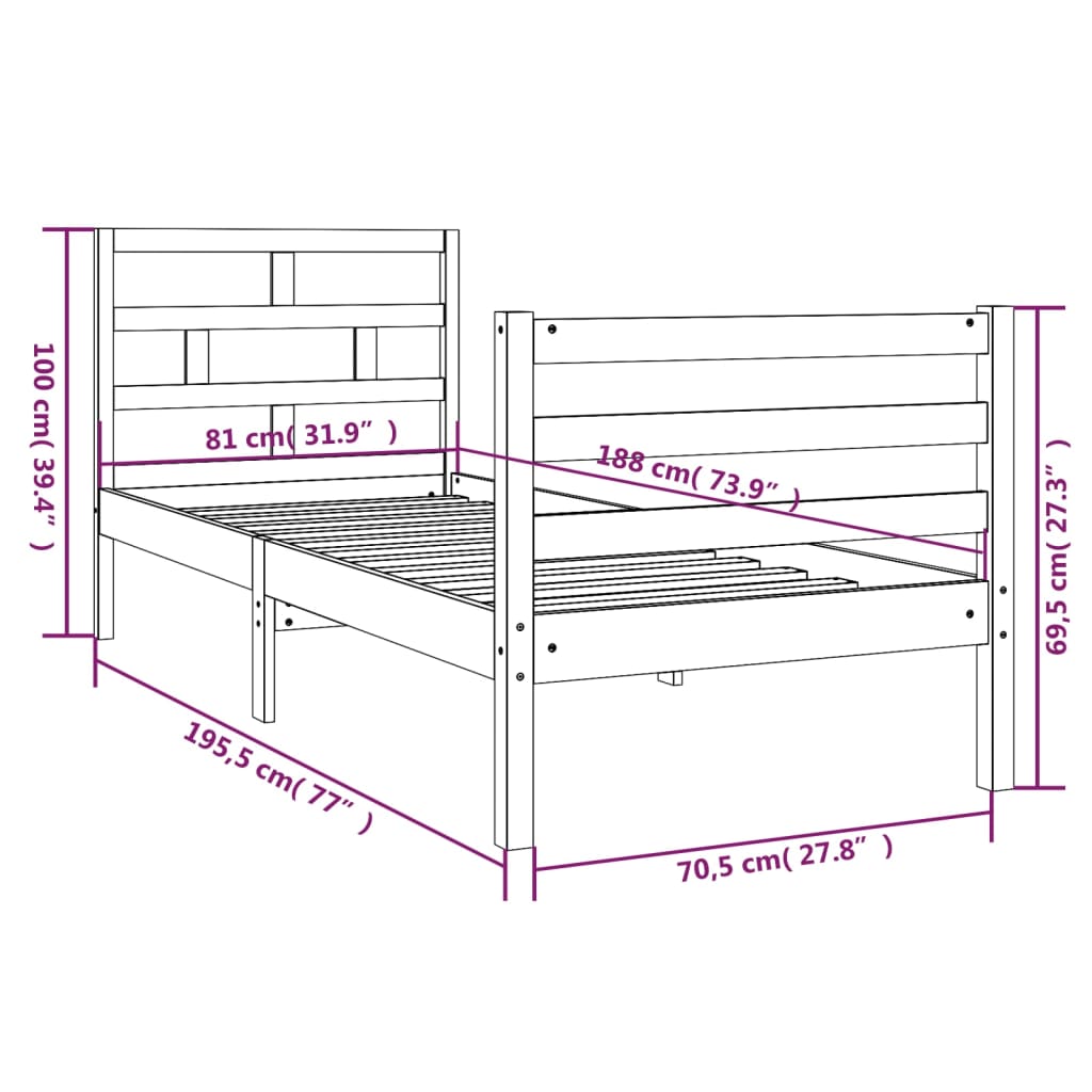 Cadre de lit sans matelas 75x190 cm bois massif - XIOS
