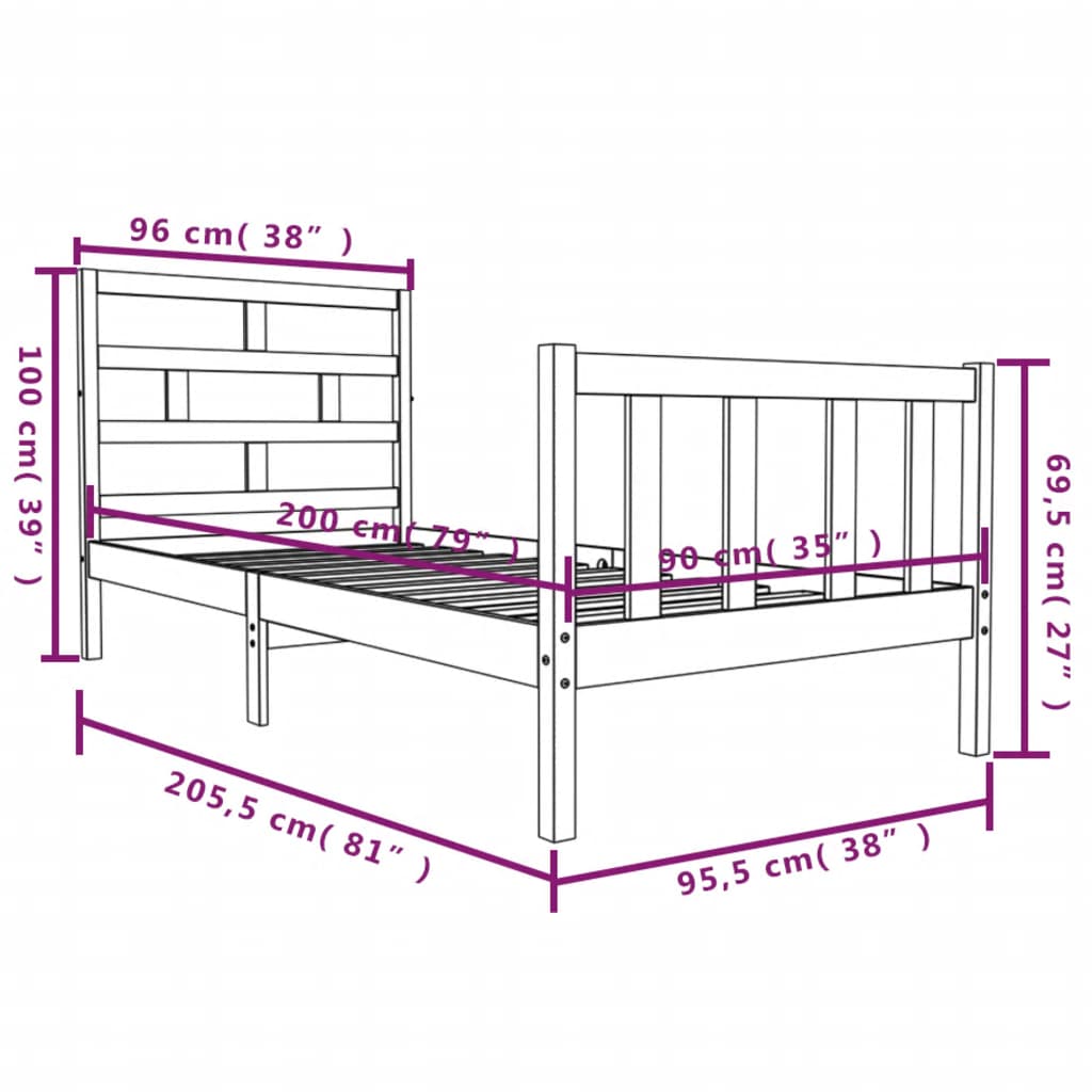 Cadre de lit sans matelas bois massif 90x200 cm - XIOS