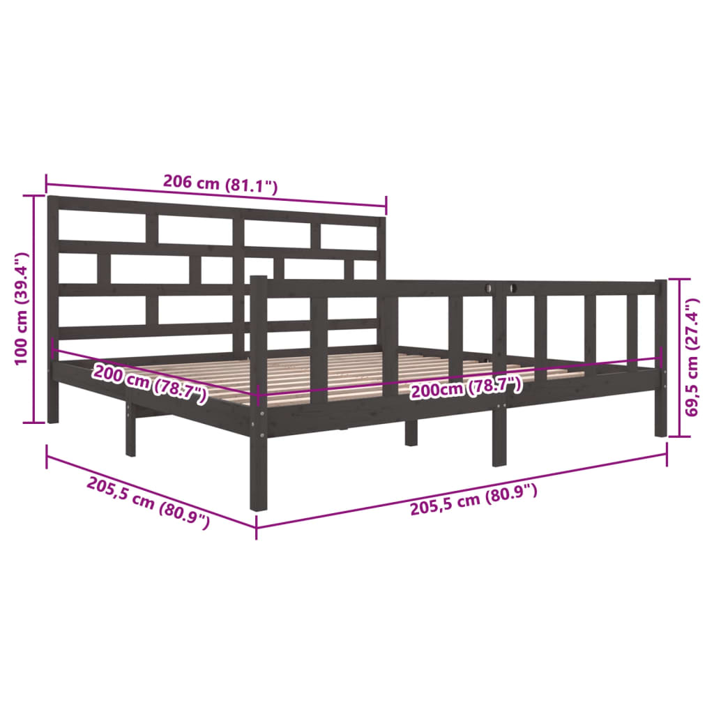 Cadre de lit sans matelas gris bois massif 200x200 cm - XIOS