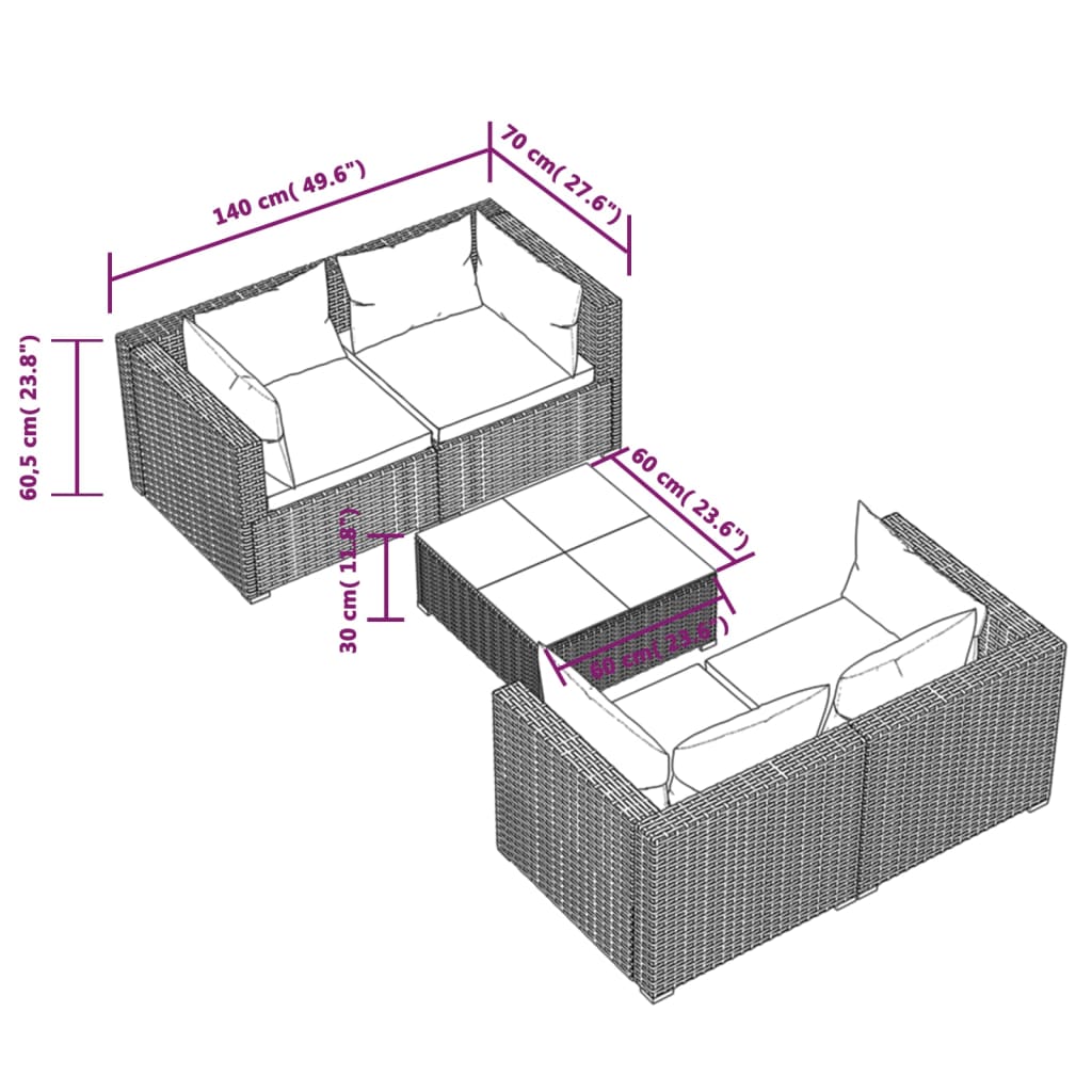 Salon de jardin 5 pcs avec coussins Résine tressée Gris
