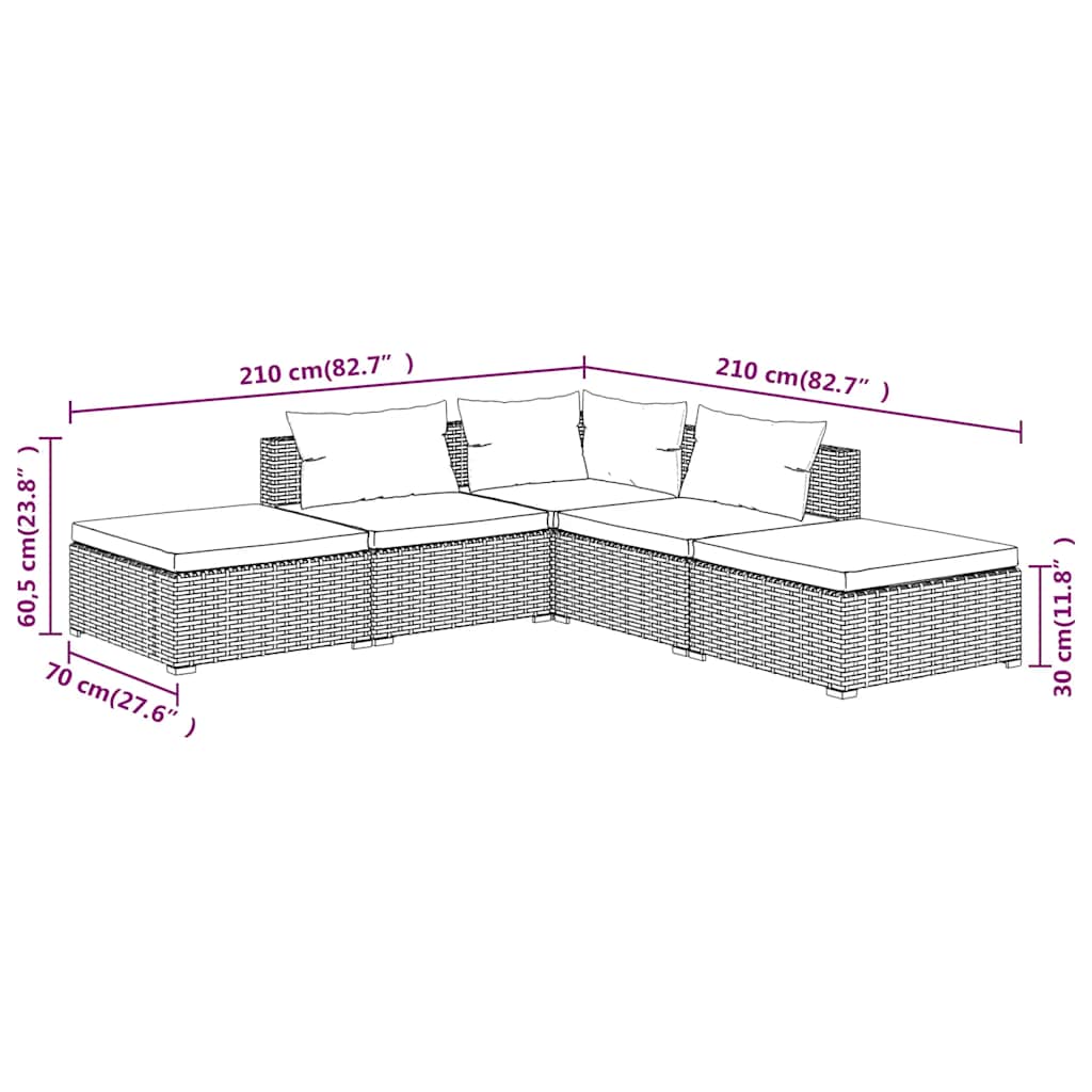 Salon de jardin 5 pcs avec coussins Résine tressée Gris