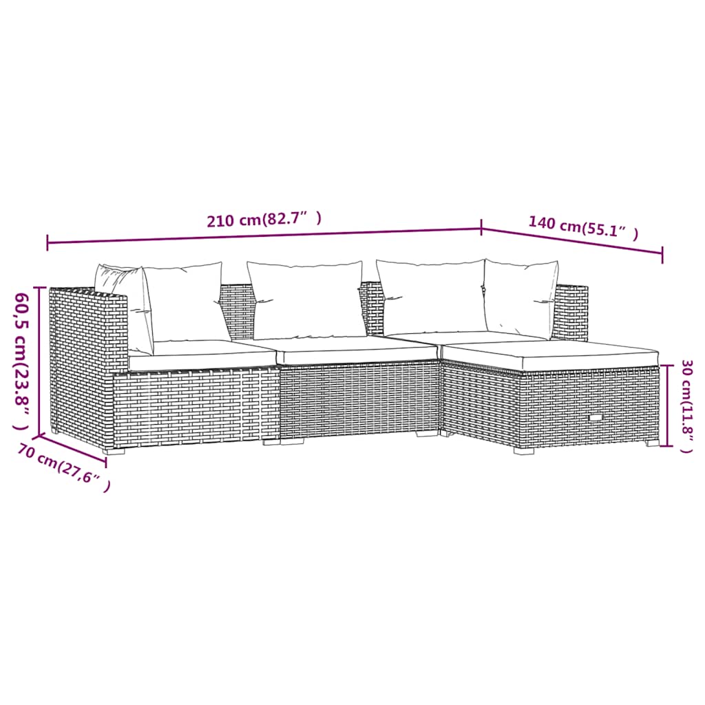 Salon de jardin 4 pcs avec coussins Résine tressée Gris