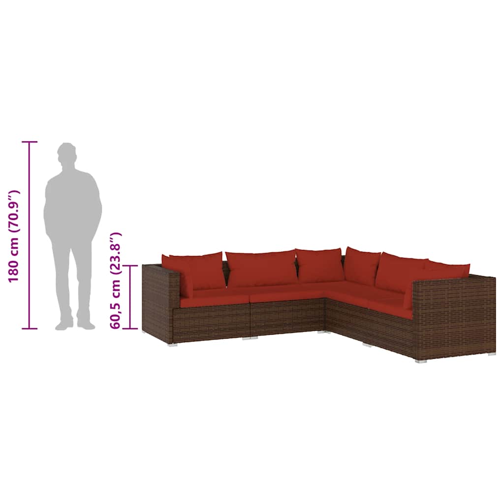 Salon de jardin 5 pcs avec coussins résine tressée marron