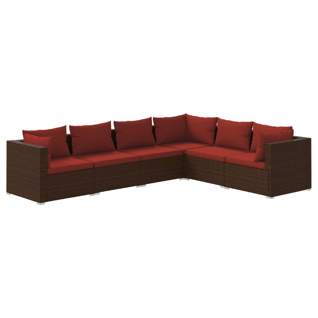 Salon de jardin 6 pcs avec coussins Résine tressée Marron
