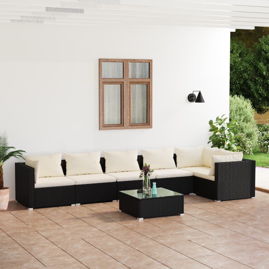 Salon de jardin 7 pcs avec coussins Résine tressée Noir