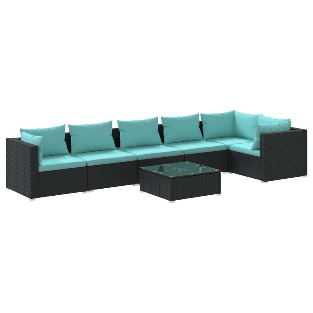 Salon de jardin 7 pcs avec coussins Résine tressée Noir