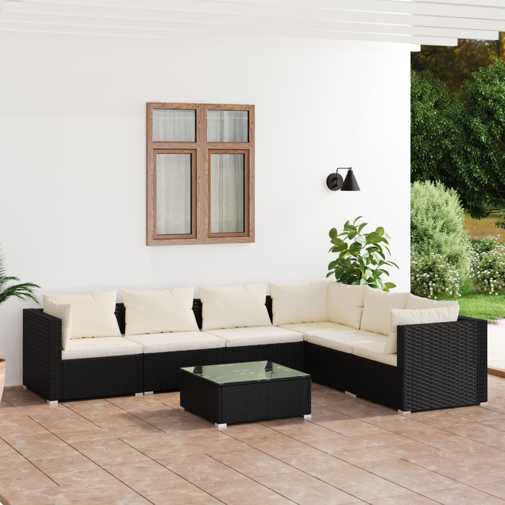 Salon de jardin 7 pcs avec coussins Résine tressée Noir