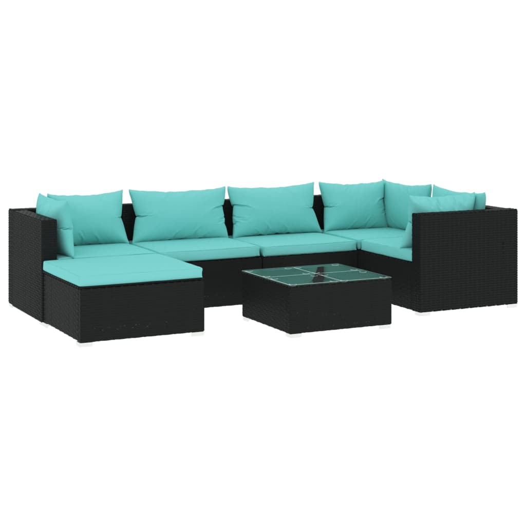 Salon de jardin 7 pcs avec coussins Résine tressée Noir