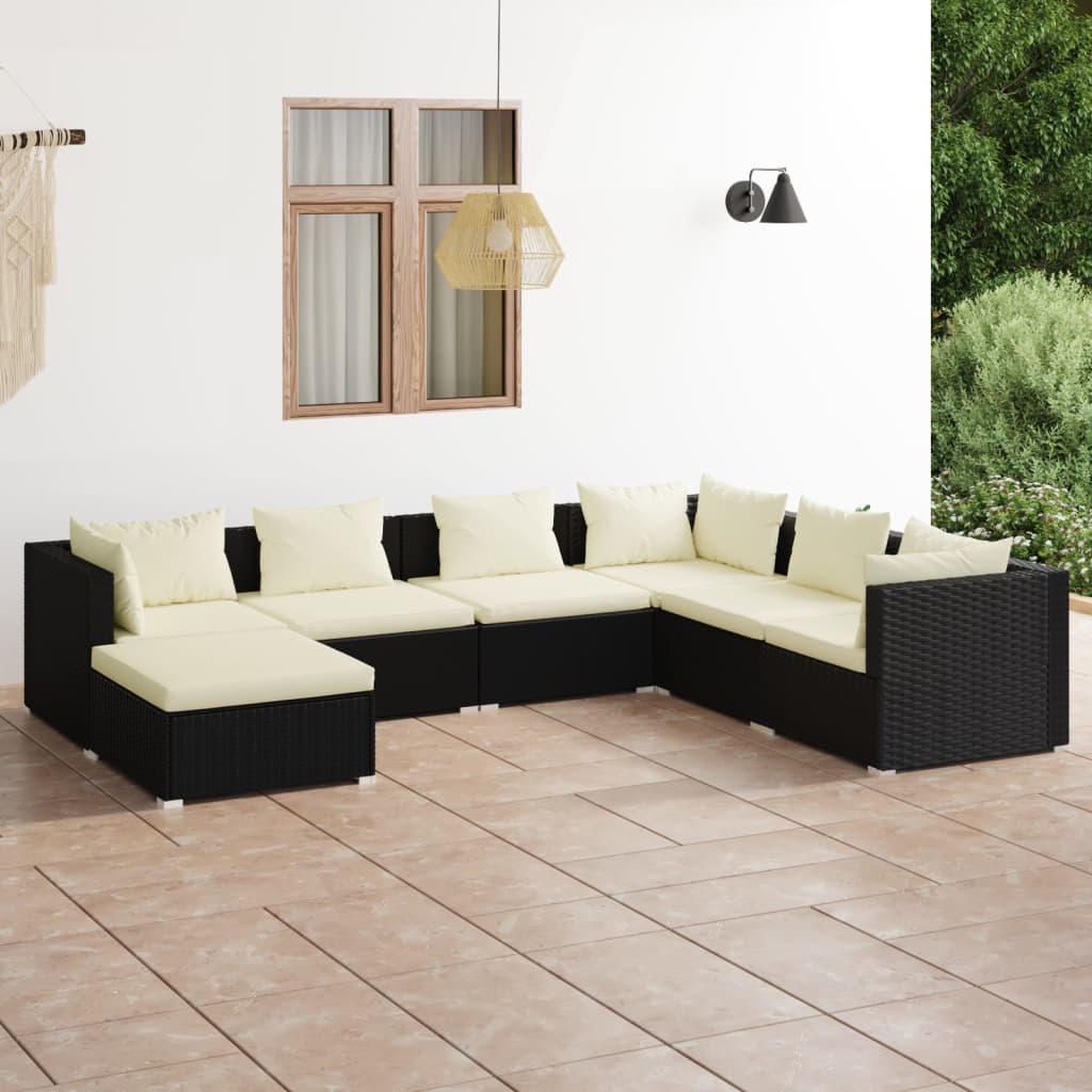 Salon de jardin 7 pcs avec coussins Résine tressée Noir