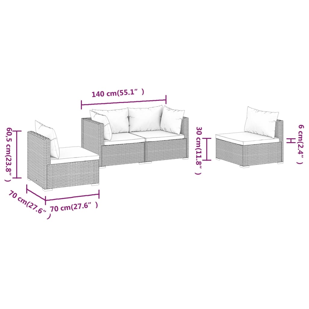 Salon de jardin 4 pcs avec coussins Résine tressée Gris