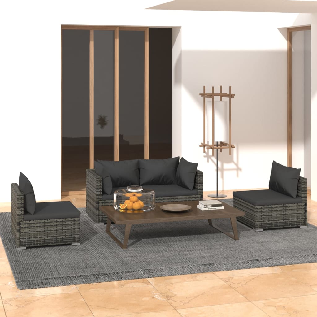 Salon de jardin 4 pcs avec coussins Résine tressée Gris