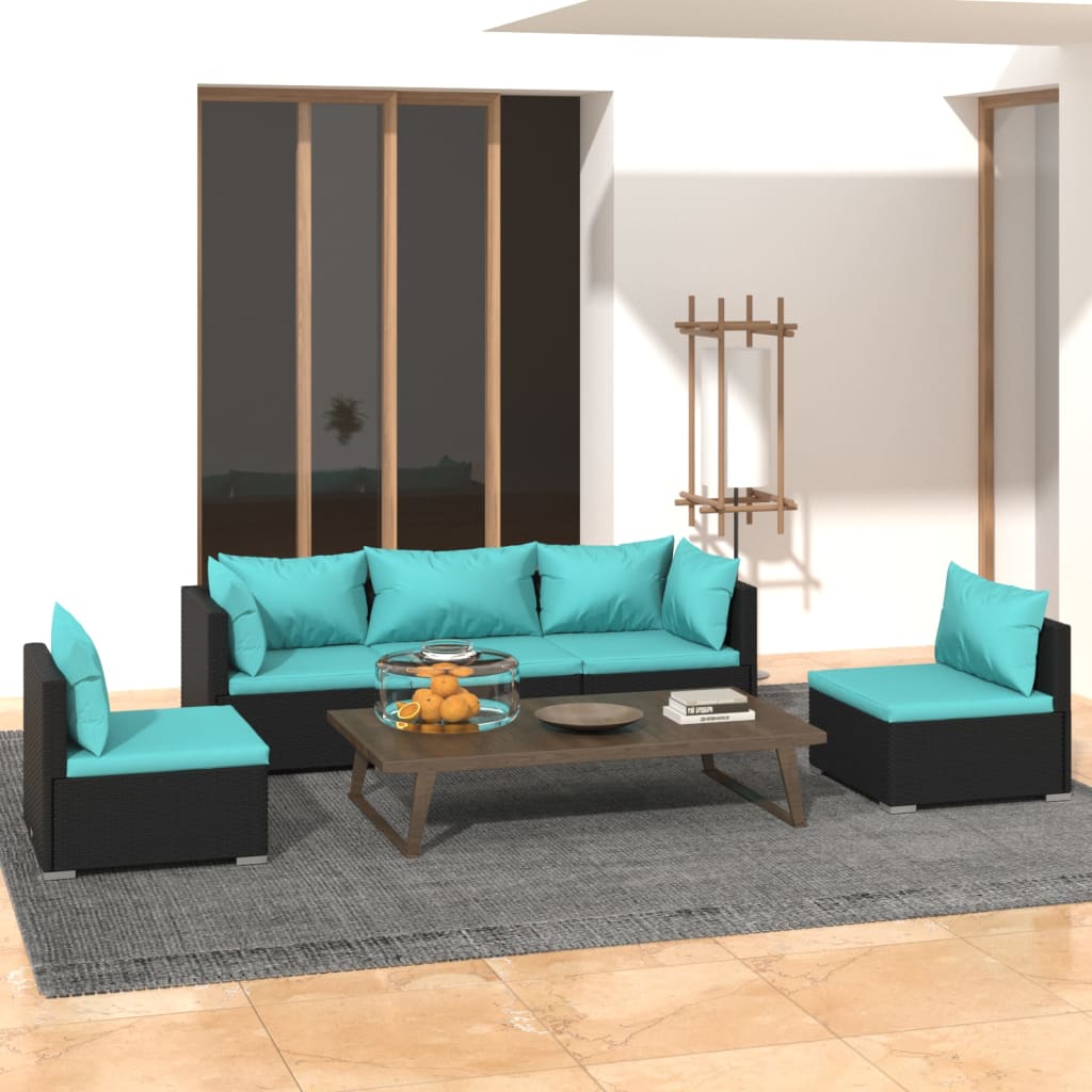 Salon de jardin 5 pcs avec coussins Résine tressée Noir