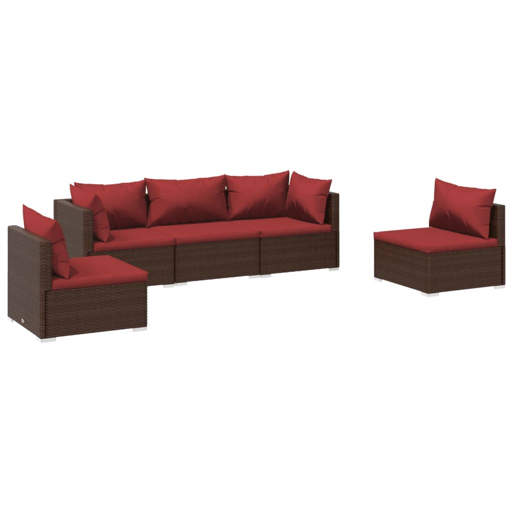 Salon de jardin 5 pcs avec coussins Résine tressée Marron