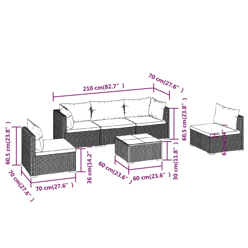 Salon de jardin 6 pcs avec coussins Résine tressée Noir