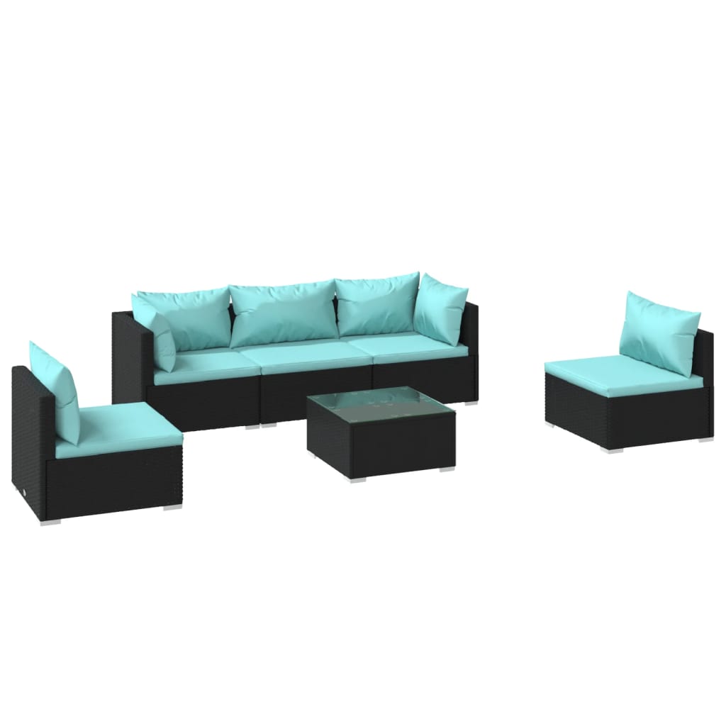 Salon de jardin 6 pcs avec coussins Résine tressée Noir