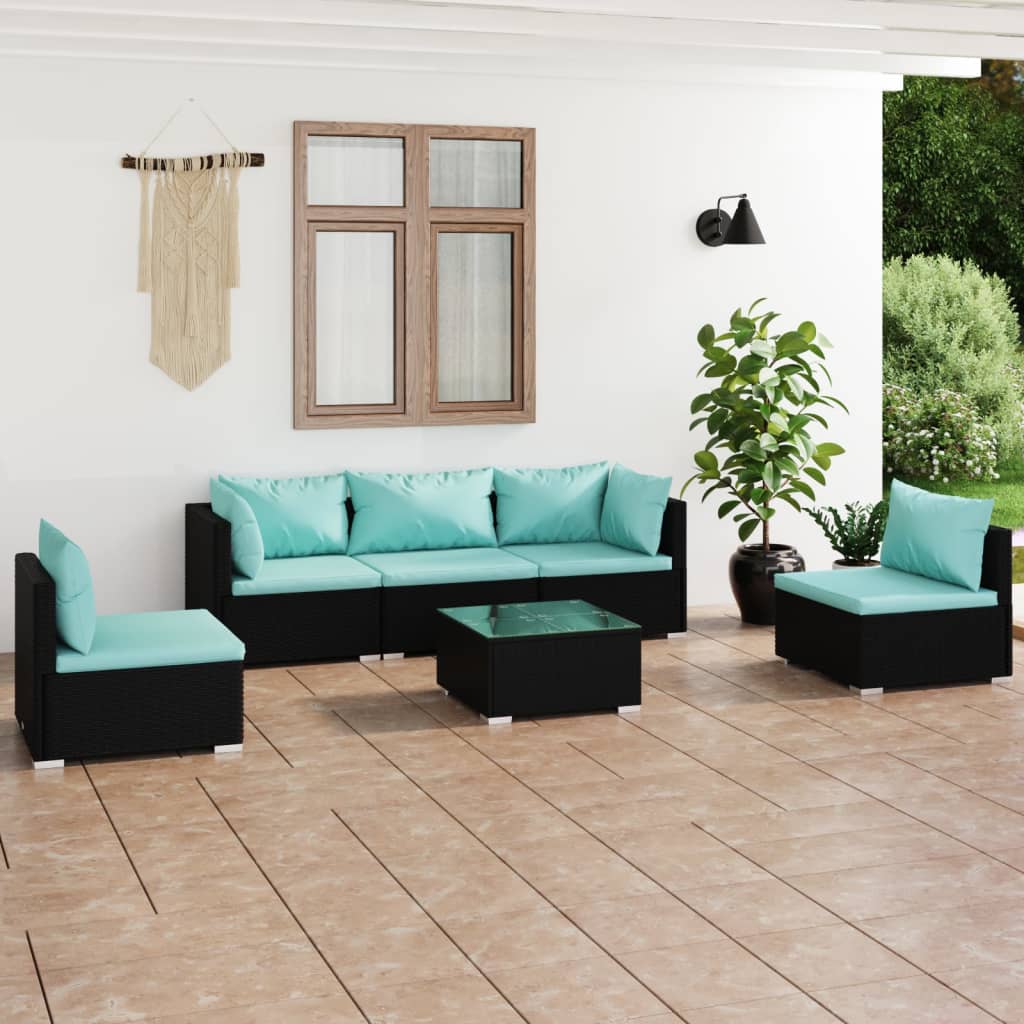 Salon de jardin 6 pcs avec coussins Résine tressée Noir