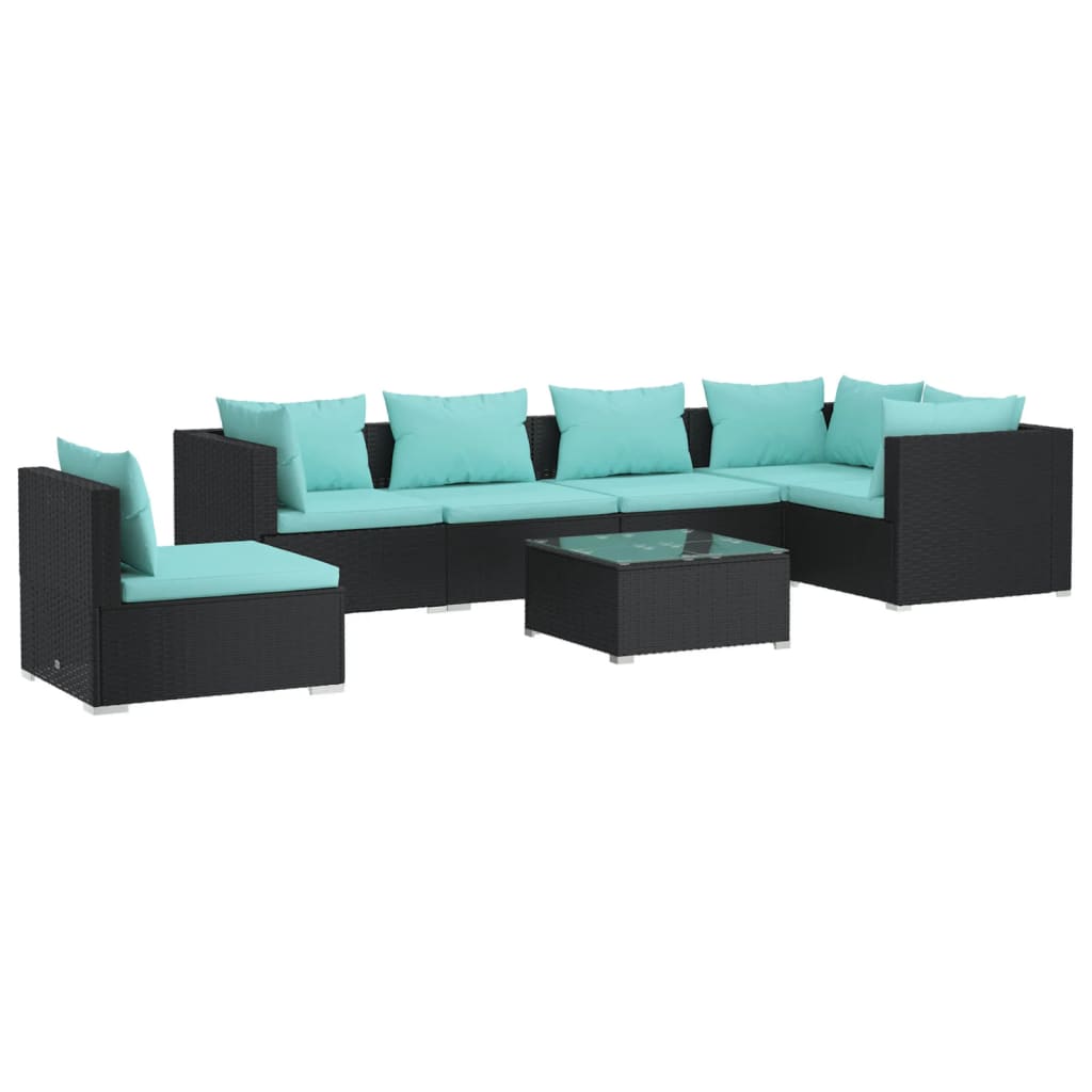 Salon de jardin 7 pcs avec coussins Résine tressée Noir