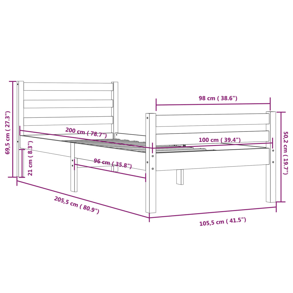 Cadre de lit sans matelas noir bois massif 100x200 cm - XIOS