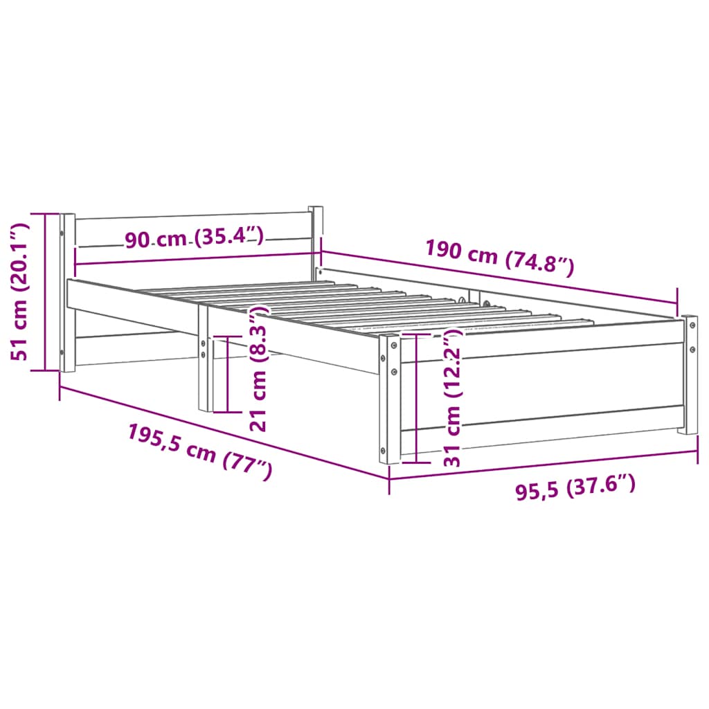 Cadre de lit sans matelas blanc bois massif 90x190 cm - XIOS