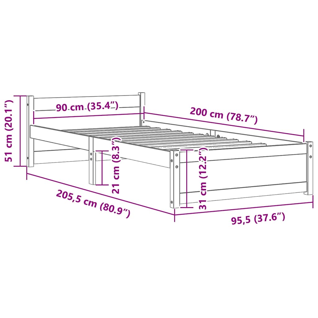 Cadre de lit sans matelas noir bois massif 90x200 cm - XIOS