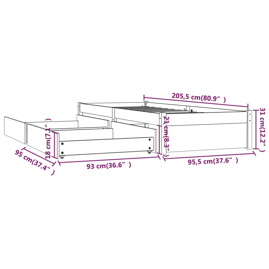 Cadre de lit sans matelas avec tiroirs blanc 90x200 cm - XIOS