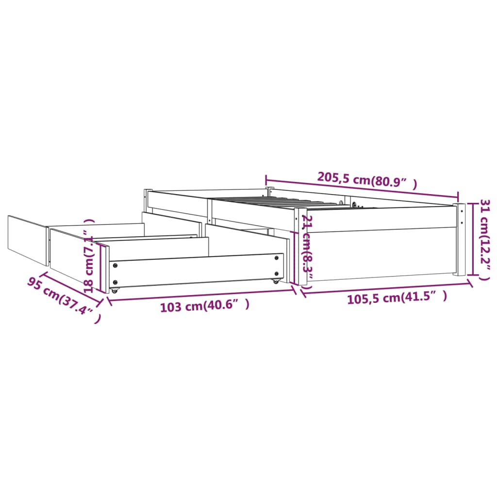 Cadre de lit sans matelas avec tiroirs 100x200 cm - XIOS
