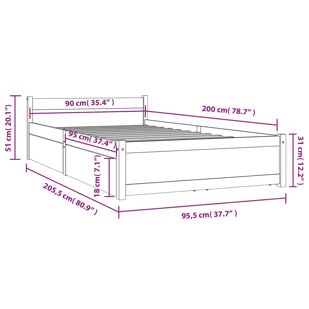 Cadre de lit sans matelas avec tiroirs blanc 90x200 cm - XIOS