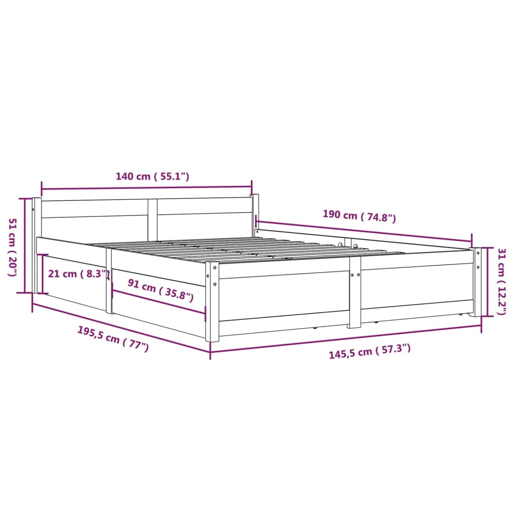 Cadre de lit sans matelas avec tiroirs blanc 140x190 cm - XIOS